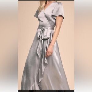 Ghost London Phoebe Satin Maxi Dress 100% Viscose XL Silver Wrap High-Low Ruffle